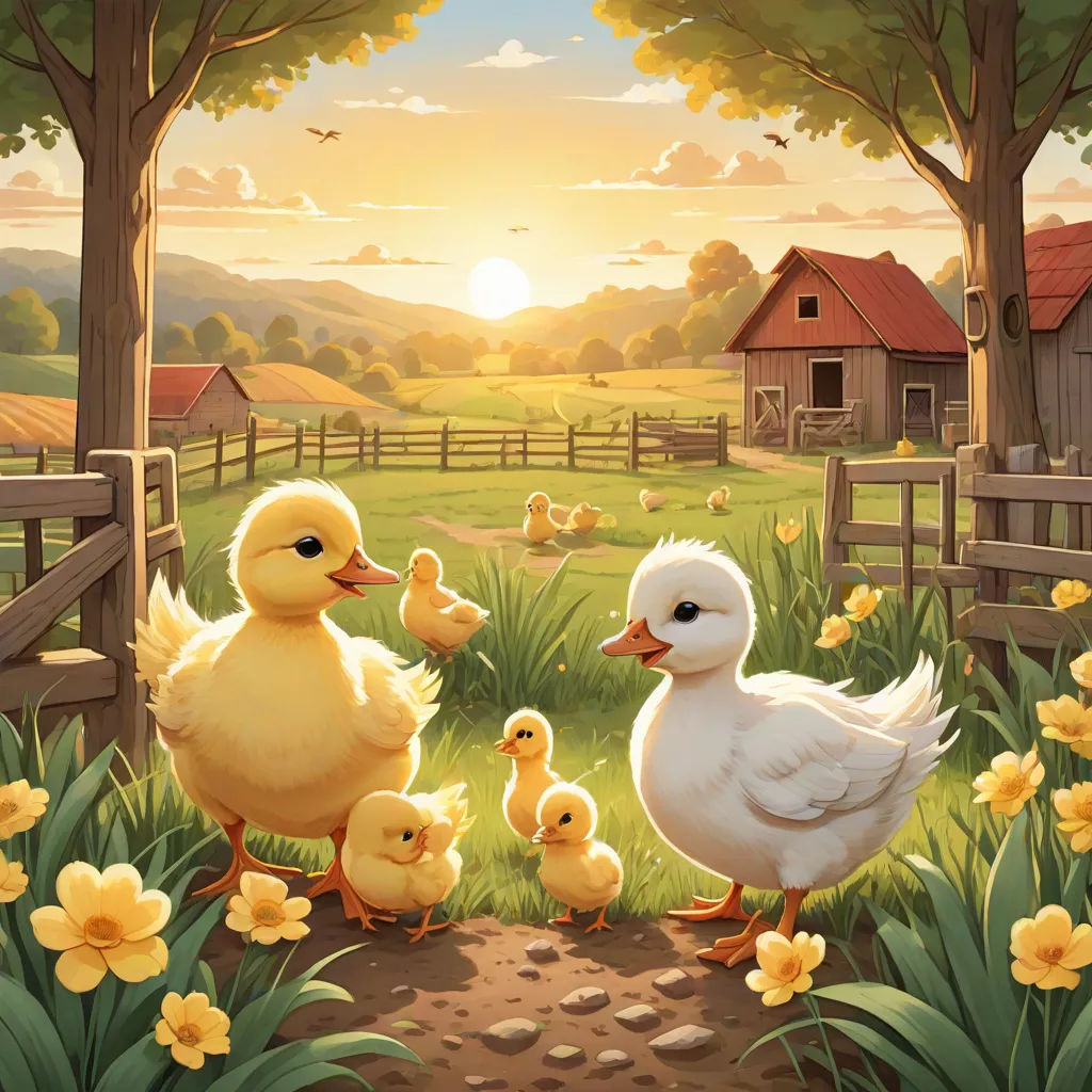 a painting of a mother duck with her two chicks in a farmyard at sunset with a barn in the background, american scene painting, a storybook illustration, Chris LaBrooy, storybook illustration