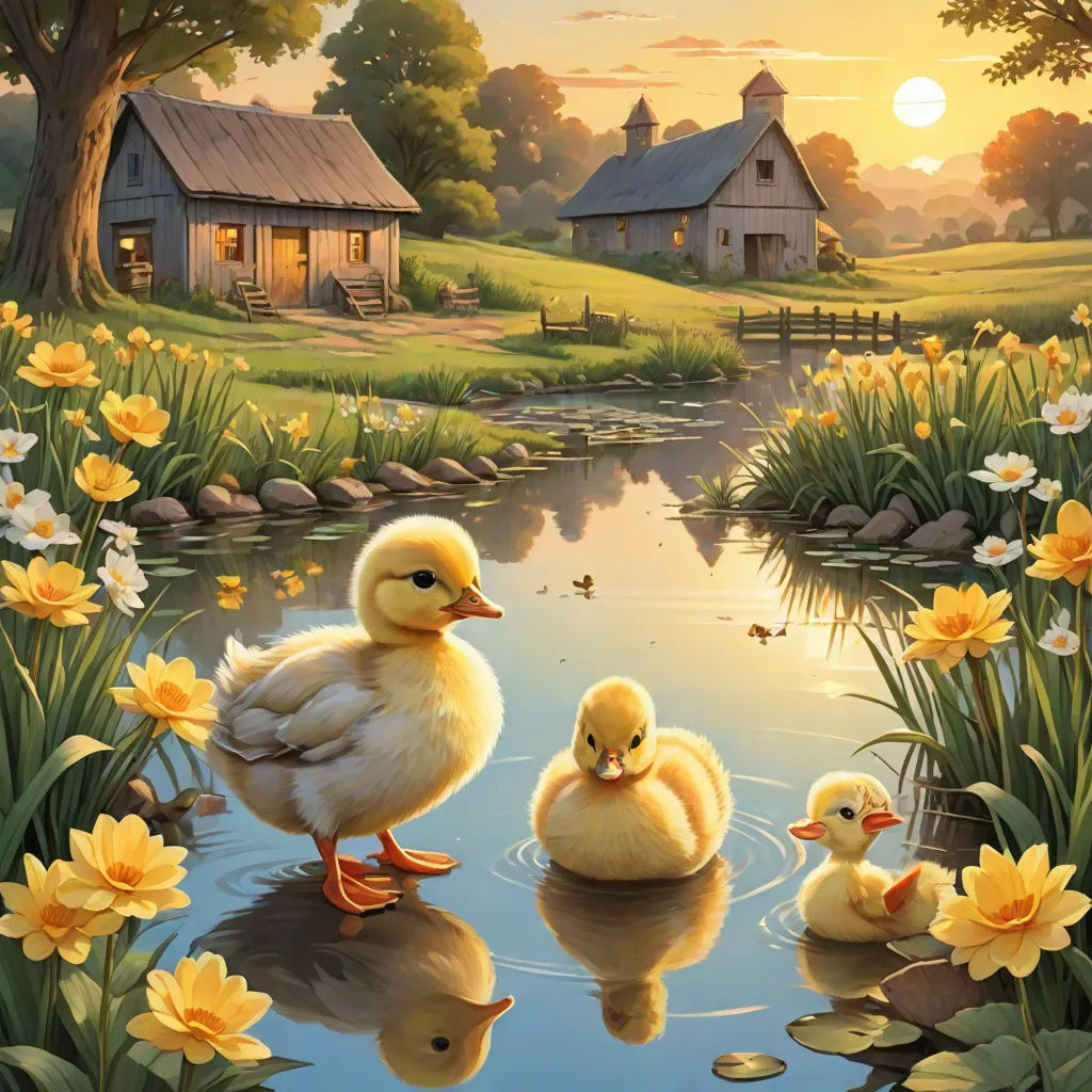 a painting of a duck family by a pond with yellow flowers and a barn in the background with a pond and yellow flowers, magic realism, a fine art painting, Anne Said, nature