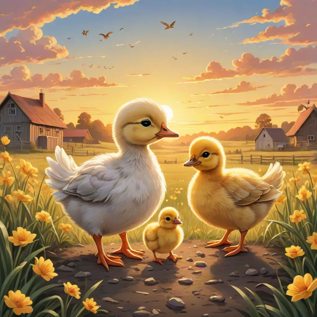 a painting of two ducks and a duckling in a field of flowers with a sunset in the background, classical realism, a storybook illustration, Brothers Hildebrandt, highly detailed digital painting
