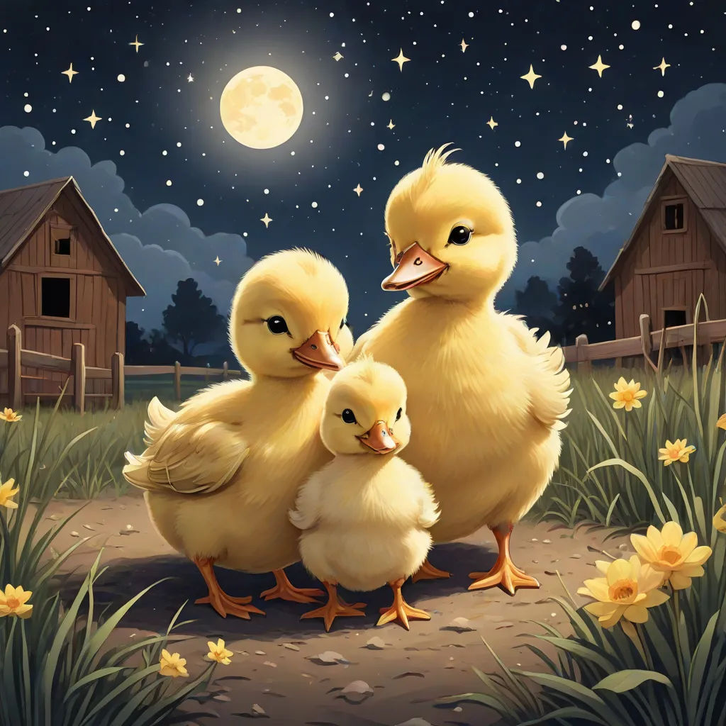 two little ducks are standing in the grass by a barn at night with the moon in the sky above them, space art, a storybook illustration, Anne Said, storybook illustration