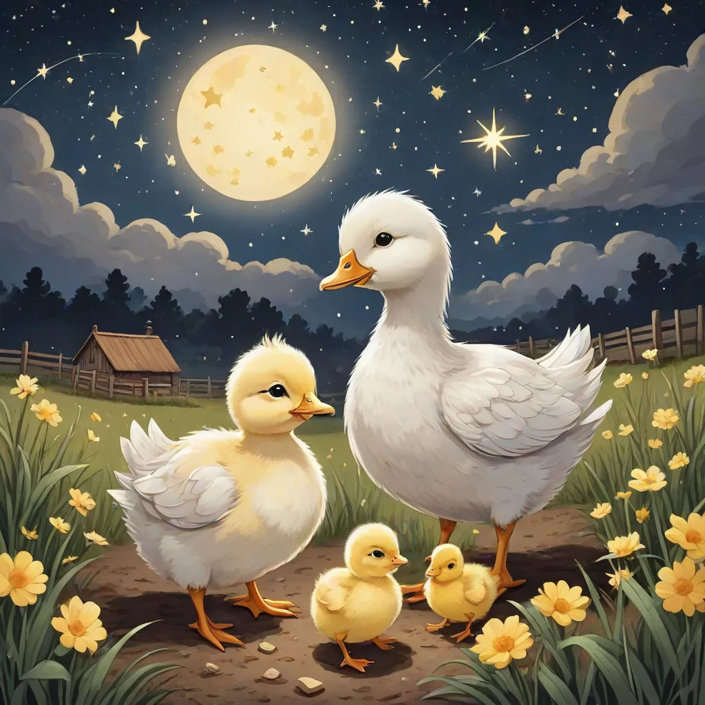 a painting of a mother duck with her two chicks in a field of flowers and a full moon in the background, space art, a storybook illustration, Chris LaBrooy, storybook illustration