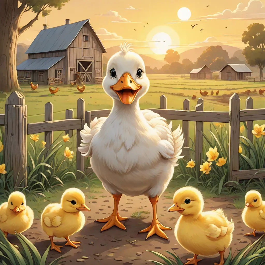 a painting of a duck with her chicks in a farmyard at sunset with a barn in the background, american scene painting, a storybook illustration, Chris LaBrooy, 4 k hd wallpaper
