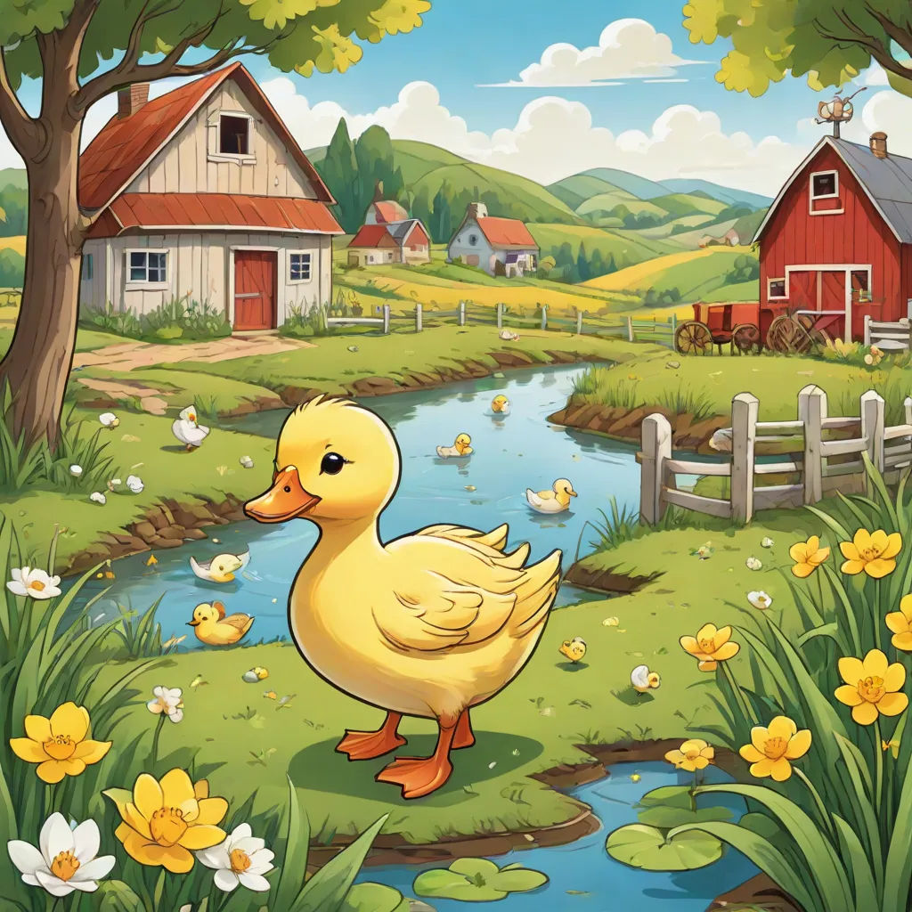 a duckling is walking in the grass near a pond and a farm with a barn and a pond, naive art, a storybook illustration, Andries Stock, storybook illustration