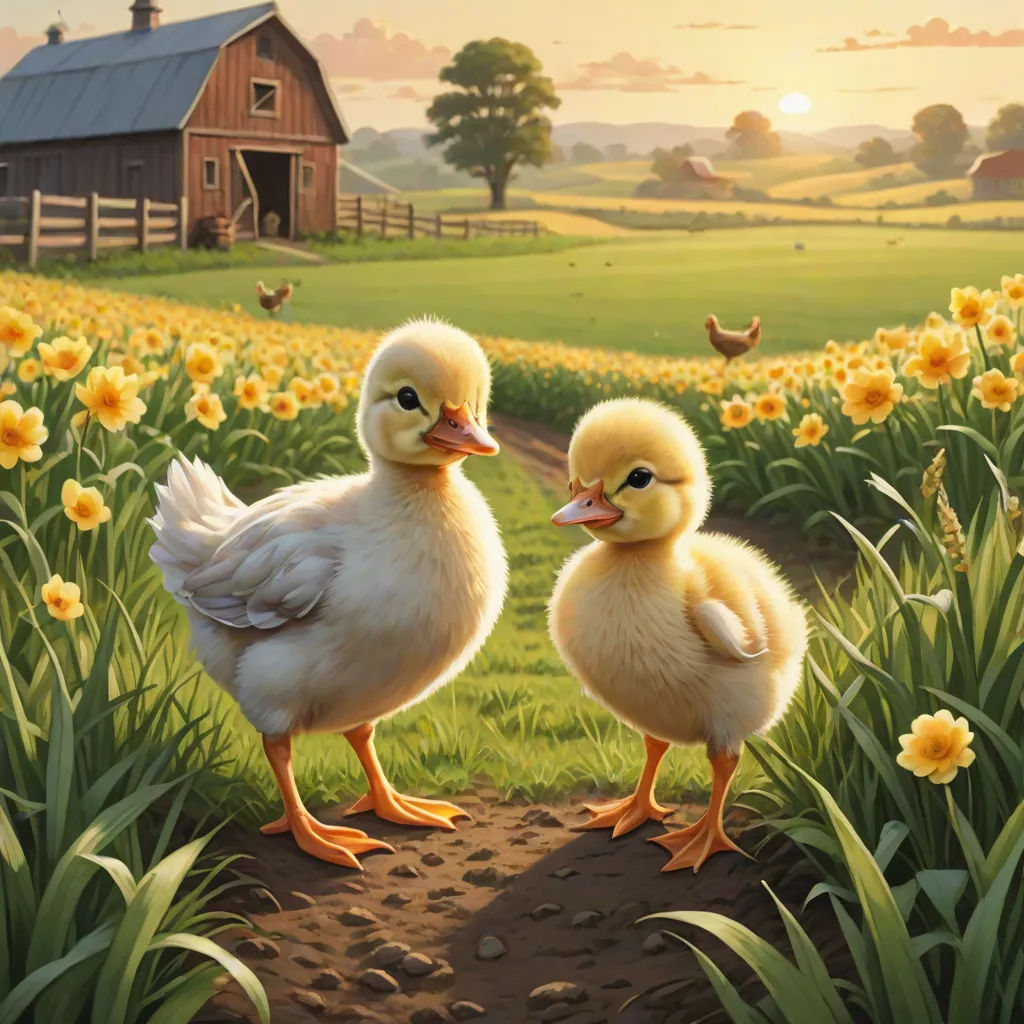 two little ducks standing in a field of flowers near a barn and a barn with a barn in the background, american scene painting, a storybook illustration, Chris LaBrooy, professional digital painting