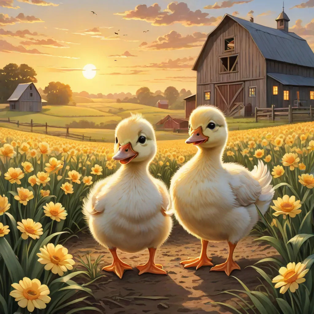 two ducks standing in a field of flowers near a barn at sunset with a barn in the background and a field of yellow flowers, folk art, a storybook illustration, Chris LaBrooy, 4 k hd wallpaper