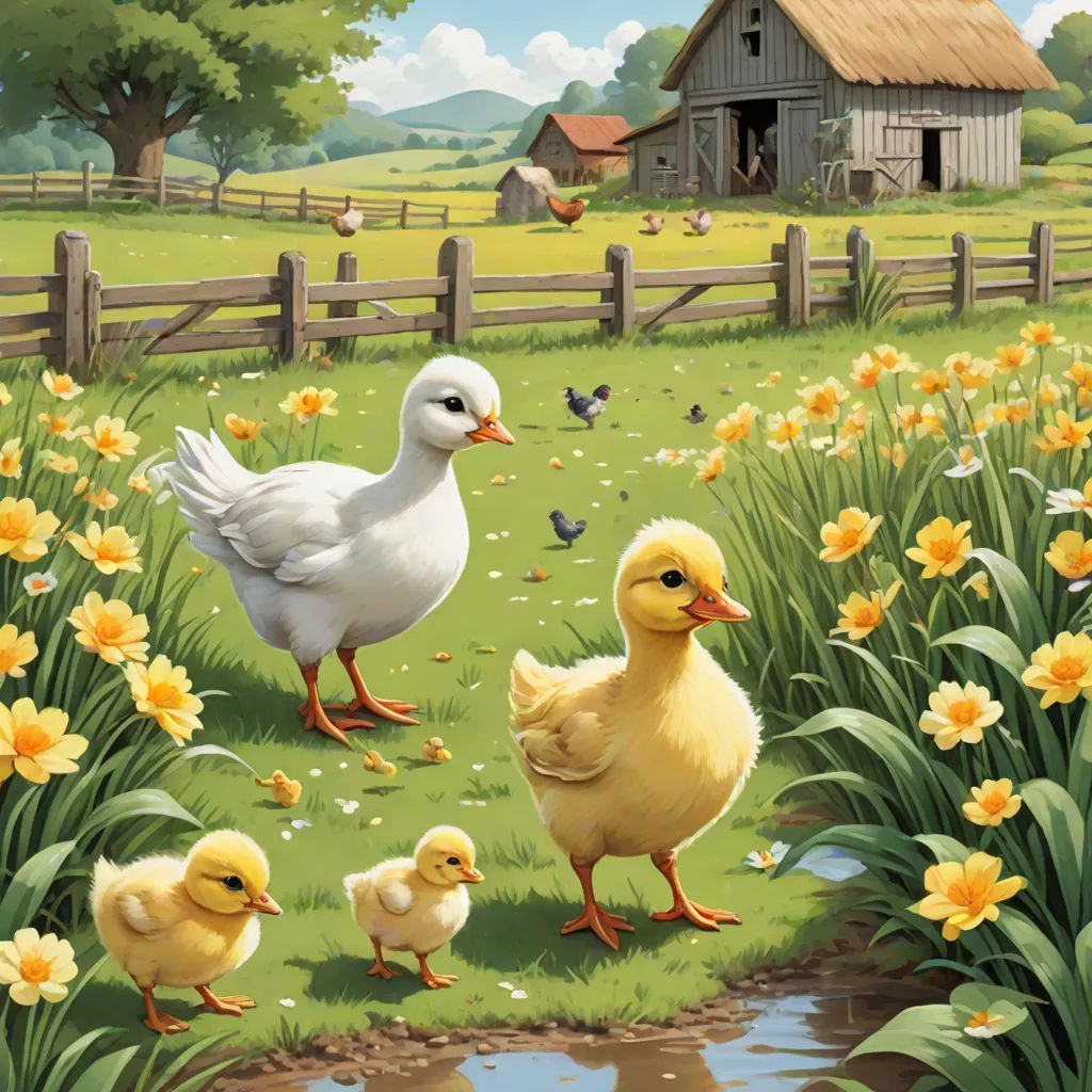 a painting of a duck family in a field of flowers and a barn in the background with a pond, massurrealism, a storybook illustration, Anne Said, storybook illustration