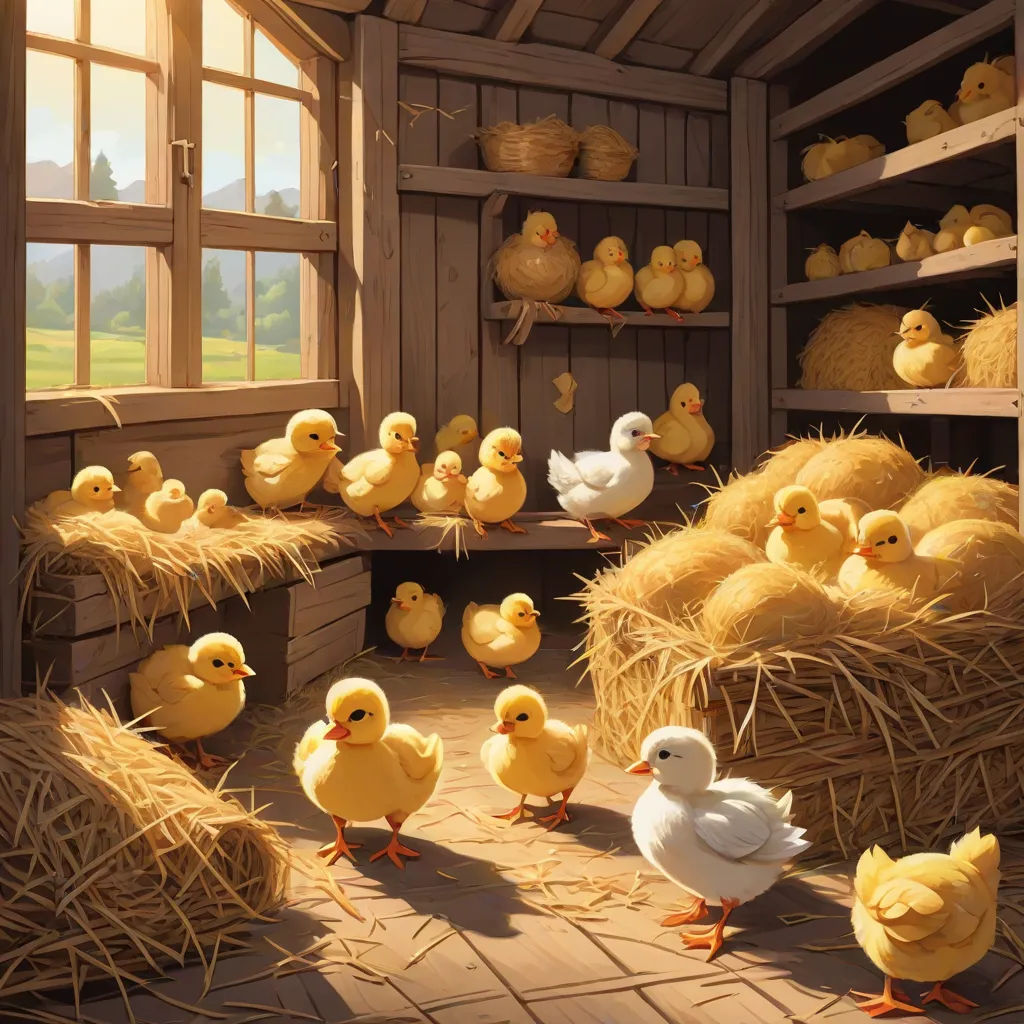 a painting of a barn with chickens and ducks in it and hay bales in the background and a window, american scene painting, a detailed painting, Chris LaBrooy, highly detailed digital painting