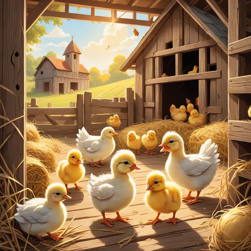 a painting of a family of ducks in a barn with hay and hay bales in the background,, american scene painting, a storybook illustration, Chris LaBrooy, highly detailed digital painting