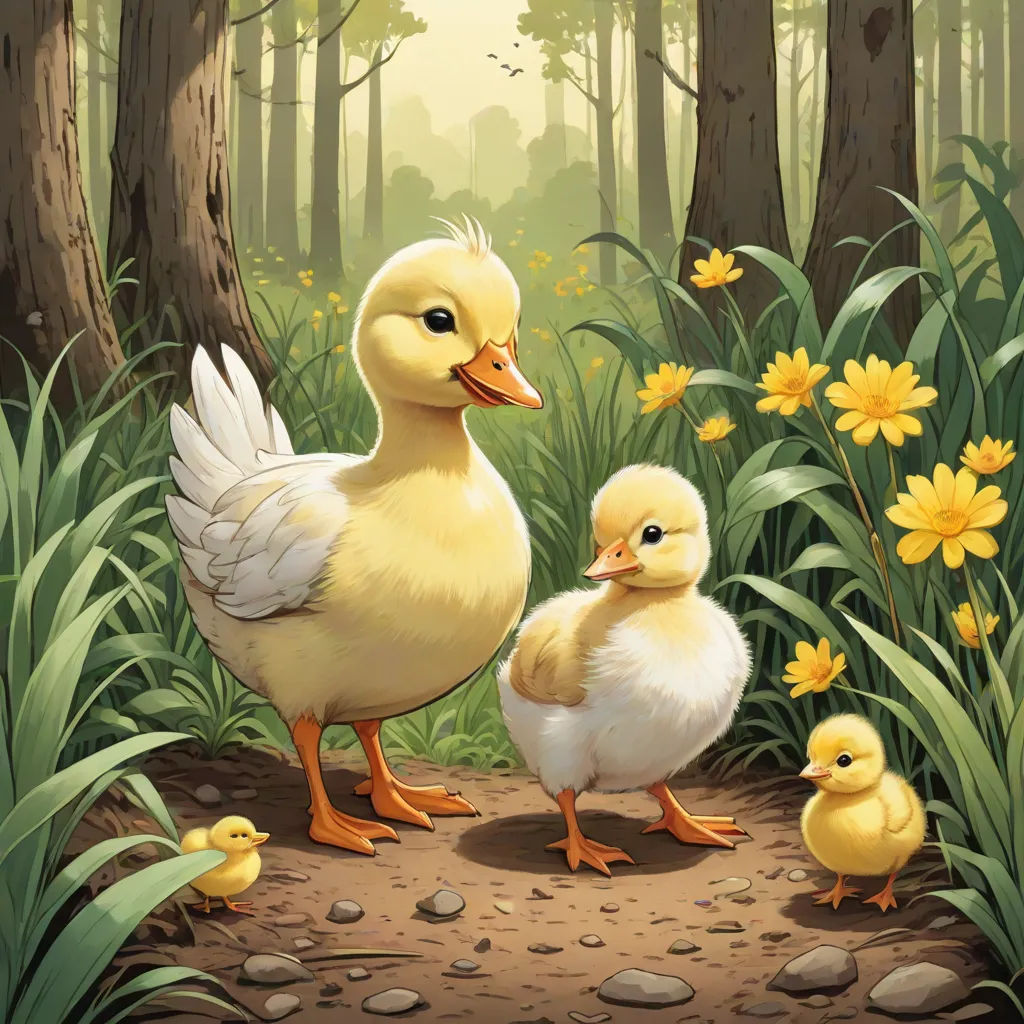 a mother duck and her two chicks in a forest with flowers and trees in the background, with a yellow daisy in the foreground, furry art, a storybook illustration, Chris LaBrooy, official art
