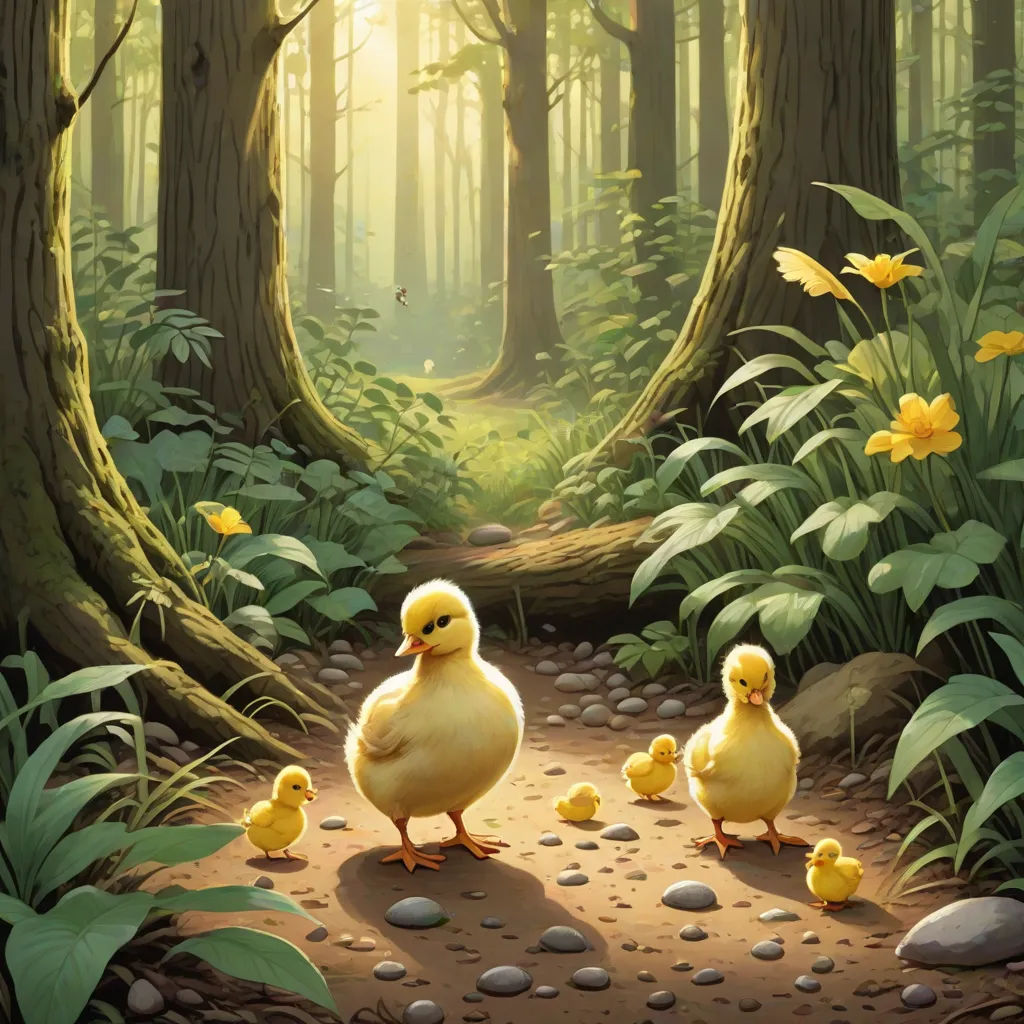 a painting of a mother duck and her chicks in a forest setting with daffodils and daffodils, magic realism, a storybook illustration, Chris LaBrooy, storybook illustration