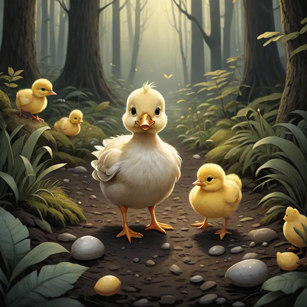 a painting of a mother duck and her chicks in a forest setting with rocks and grass and leaves on the ground, magic realism, a storybook illustration, Chris LaBrooy, storybook illustration
