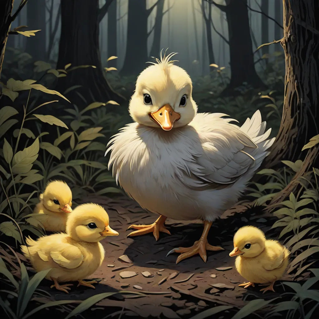a painting of a duck with her chicks in a forest setting with leaves and trees in the background,, massurrealism, a storybook illustration, Dan Mumford, magic the gathering artwork