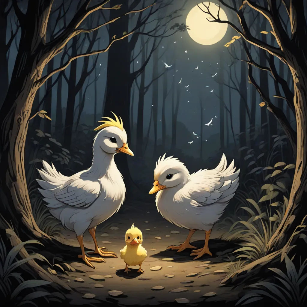two ducks are standing in the woods near a baby duckling in the foreground, and a full moon in the background, fantasy art, a storybook illustration, Dan Mumford, storybook illustration