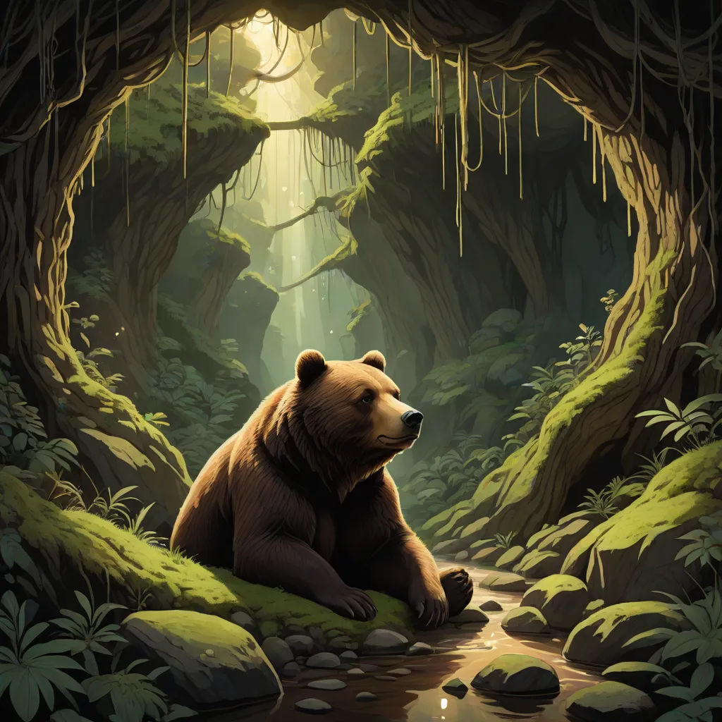a bear sitting in a forest with a stream of water in front of it and a light shining through the trees, fantasy art, a storybook illustration, Chris LaBrooy, official art