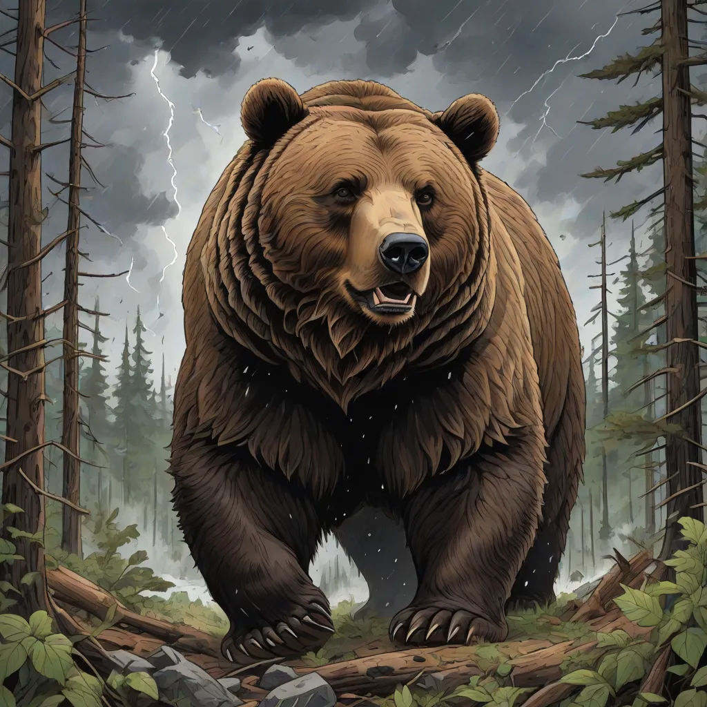 a bear is walking through a forest with a lightning in the background and a tree branch in the foreground, furry art, an ultrafine detailed painting, Dan Mumford, magic the gathering artwork