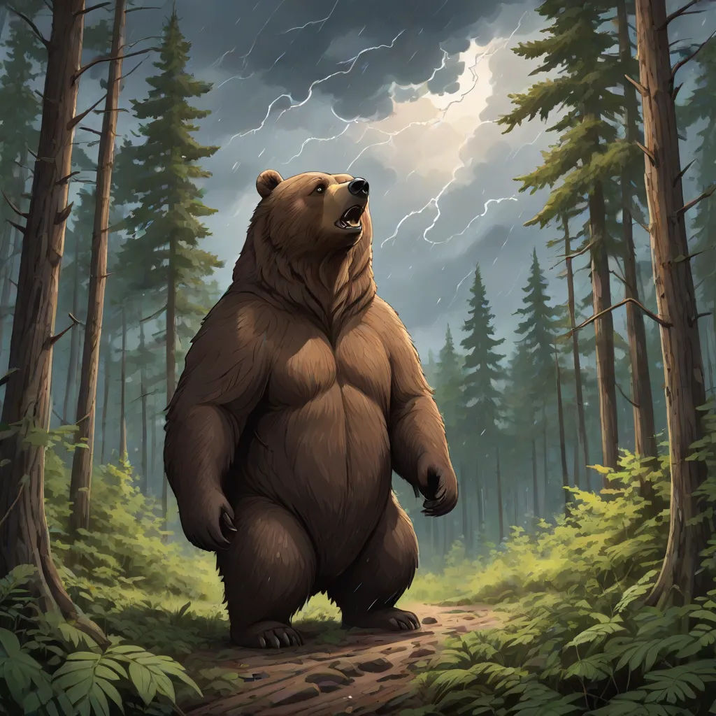 a bear standing in the middle of a forest with a lightning in the background and a storm coming in, furry art, a digital painting, Art of Brom, magic the gathering artwork