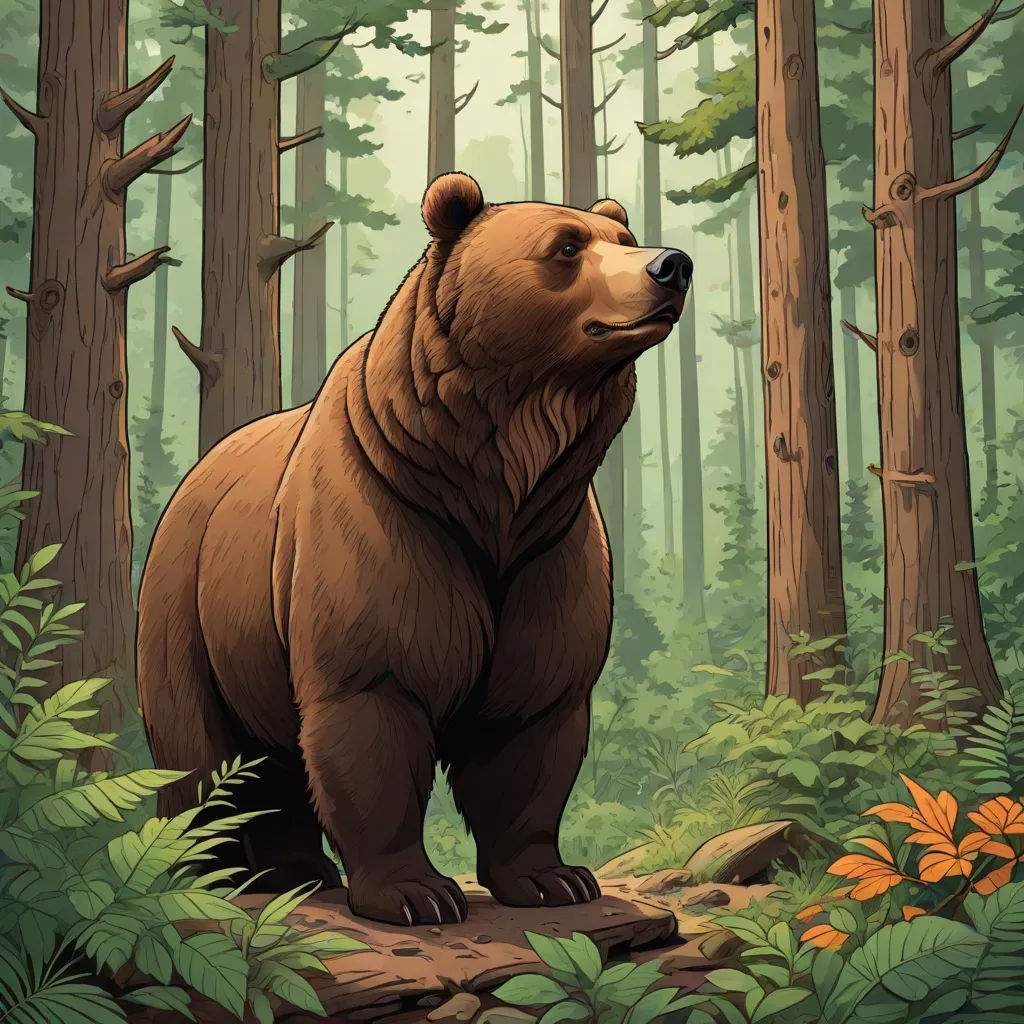 a bear standing in the middle of a forest with trees and flowers around it and a forest background with rocks and leaves, furry art, a character portrait, Dan Mumford, official art