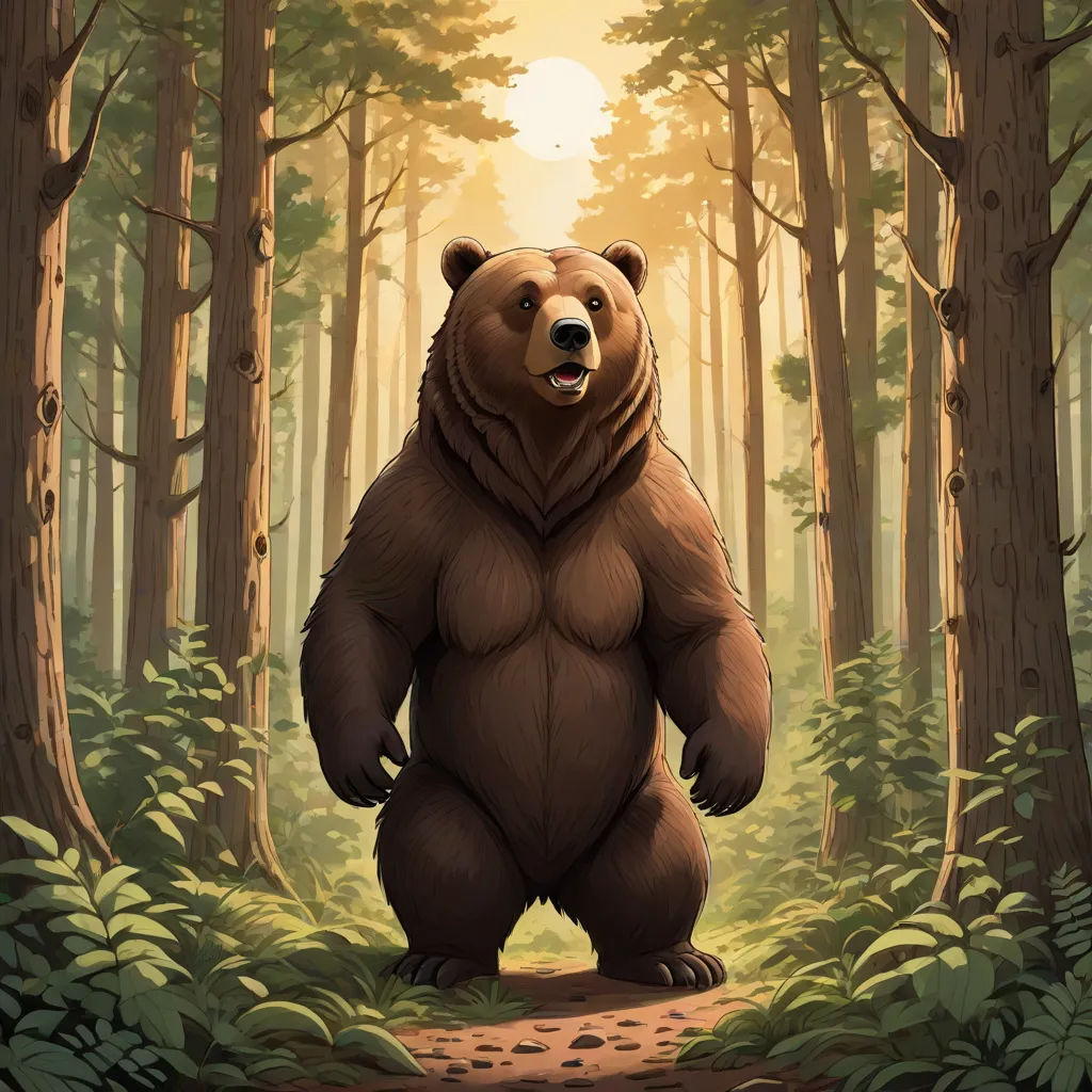 a bear standing in the middle of a forest with a sun in the background and trees around it,, furry art, concept art, Dan Mumford, official art