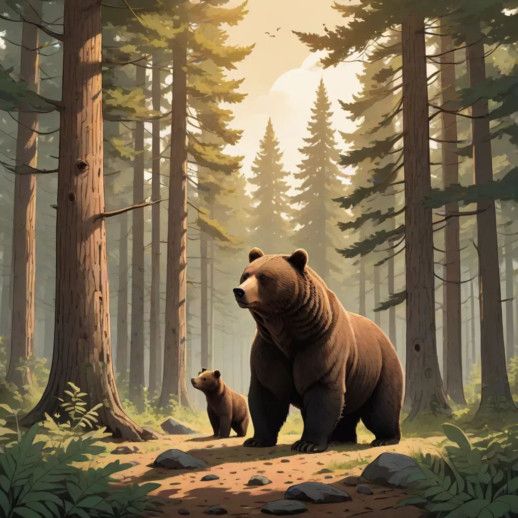 a bear and cub in a forest with rocks and trees in the background, with a sunlit sky, furry art, a storybook illustration, Chris LaBrooy, official art