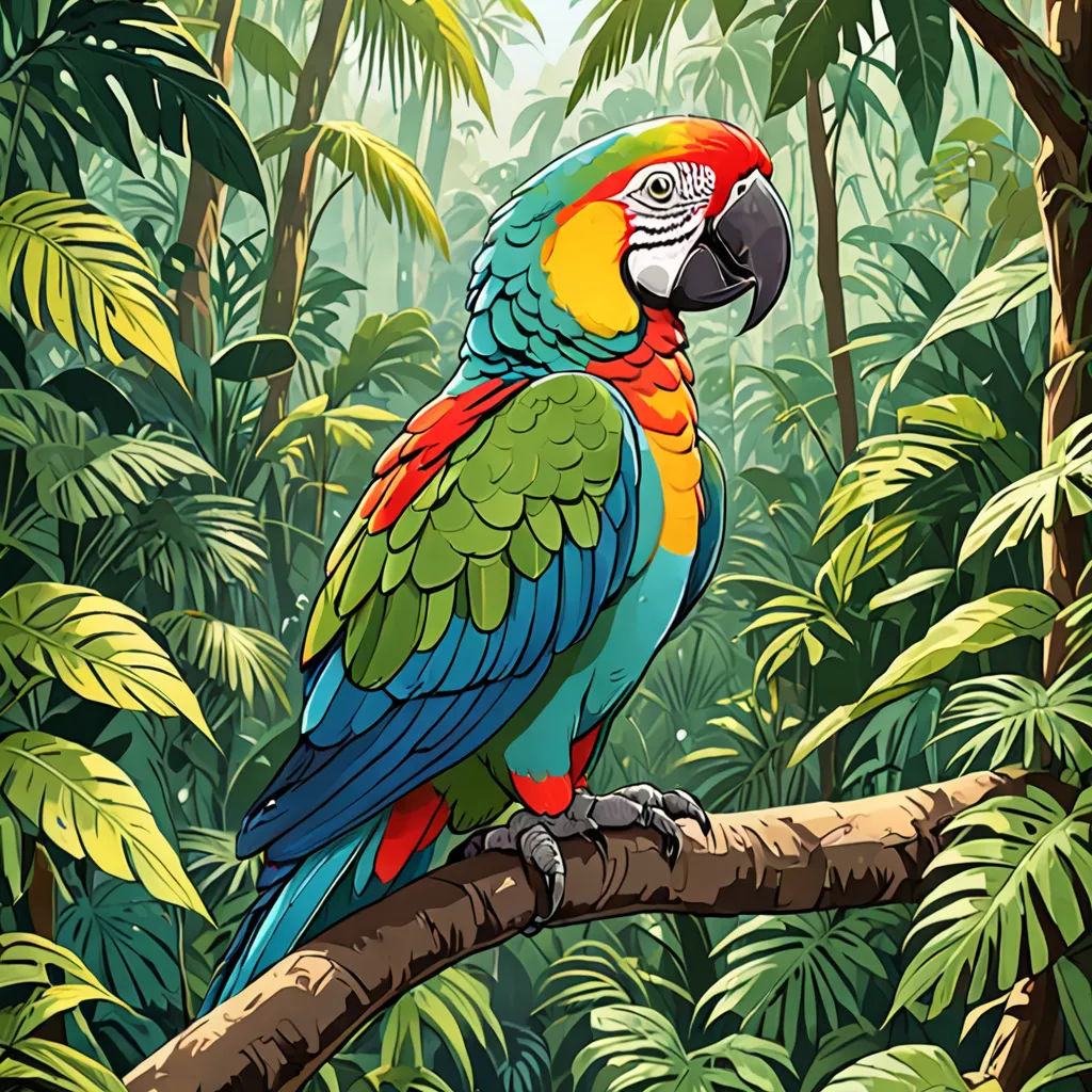 a colorful parrot sitting on a branch in a jungle setting with trees and plants around it, with a blue, yellow and red parrot perched on the branch, primitivism, a storybook illustration, Chris LaBrooy, high detail illustration