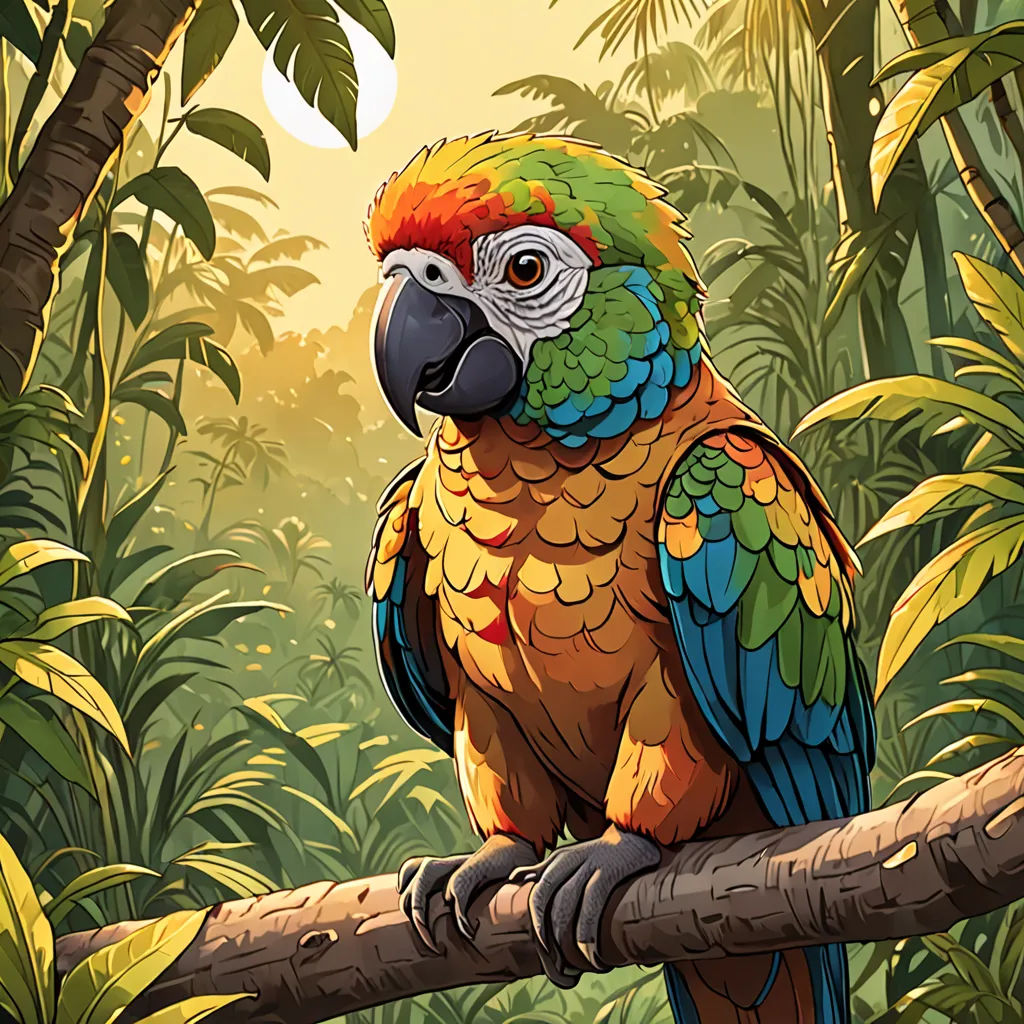 a colorful parrot sitting on a branch in a jungle setting with trees and plants around it, with a yellow and blue bird on the branch, fantasy art, a digital painting, Chris LaBrooy, high detail illustration
