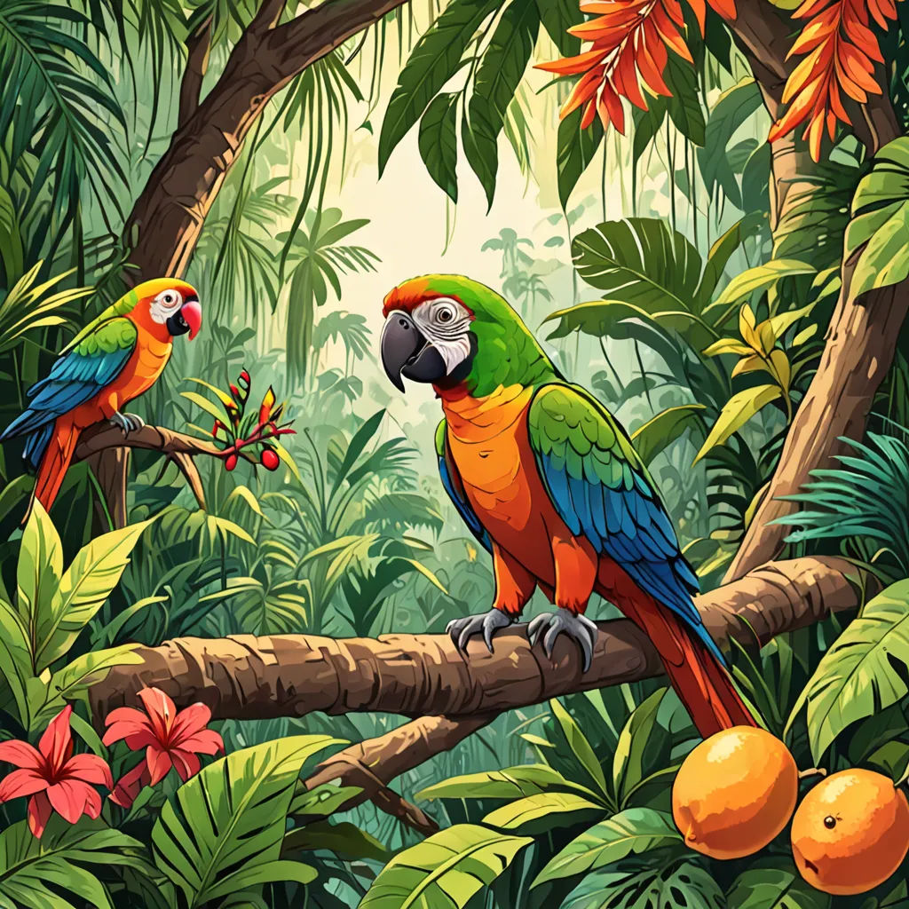 a painting of two parrots sitting on a branch in a tropical forest with oranges and tropical trees, fantasy art, a storybook illustration, Chris LaBrooy, highly detailed digital painting