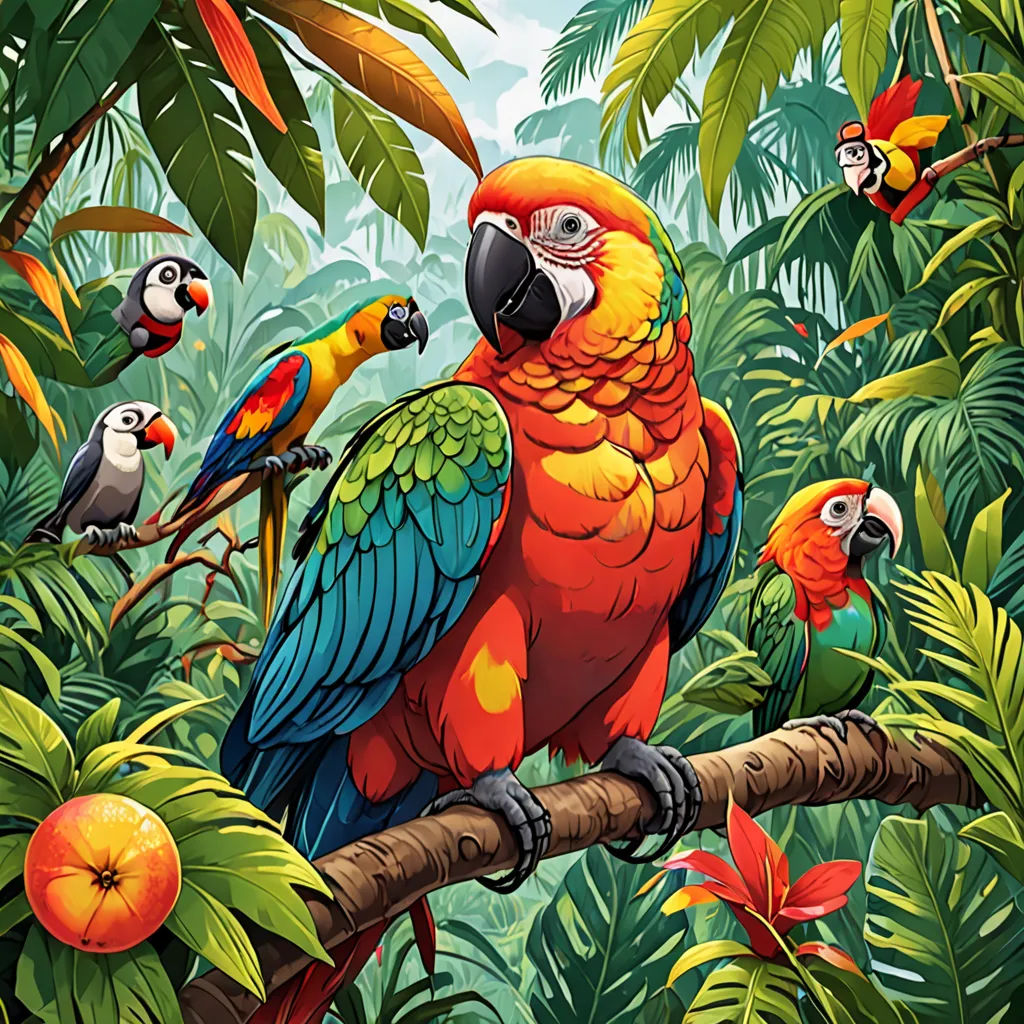 a colorful parrot sits on a branch in a tropical forest with many other birds around it, and a bird - like creature in the foreground, fantasy art, a storybook illustration, Chris LaBrooy, highly detailed digital painting