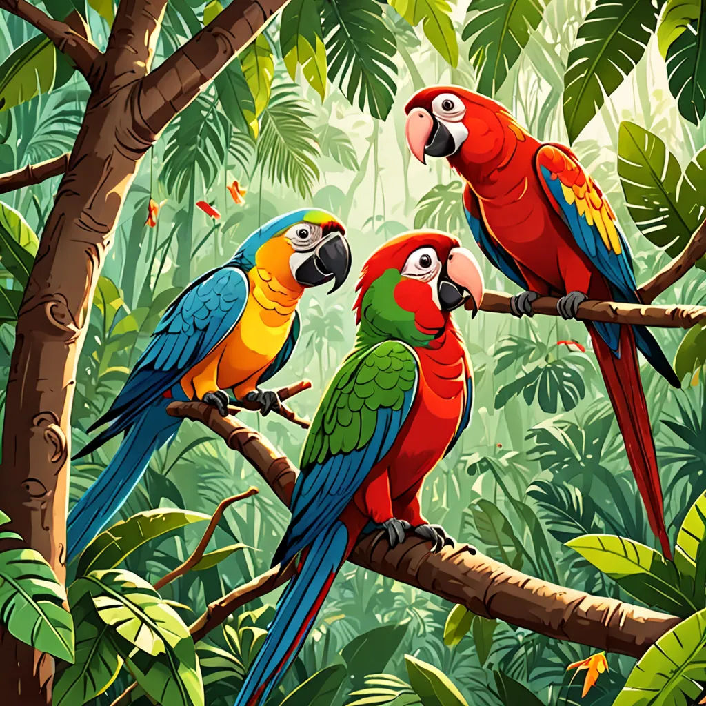 three colorful parrots perched on a tree branch in a jungle setting with leaves and flowers around them,, fantasy art, a storybook illustration, Chris LaBrooy, highly detailed digital painting