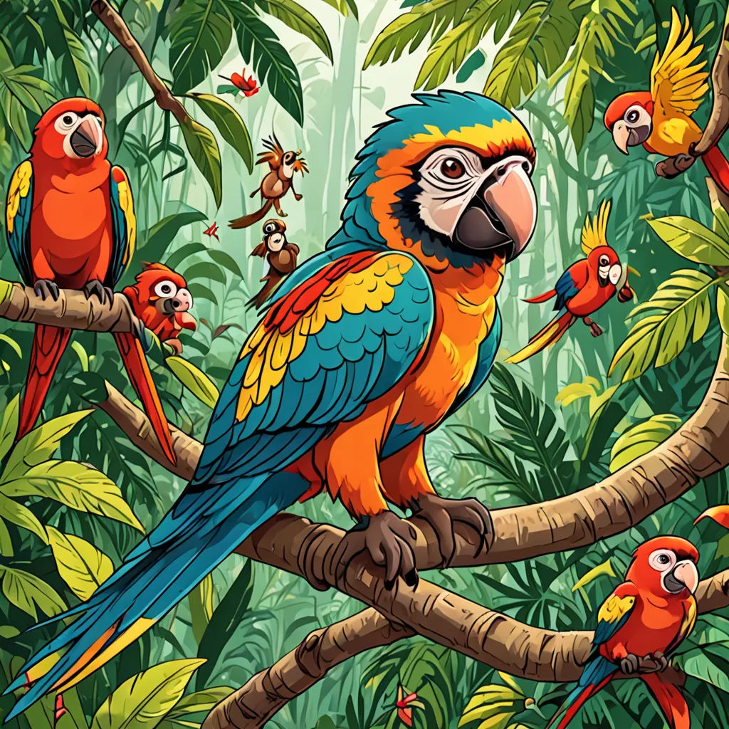 a group of colorful birds sitting on top of a tree branch in a jungle area with many other birds, psychedelic art, a storybook illustration, Chris LaBrooy, highly detailed digital painting