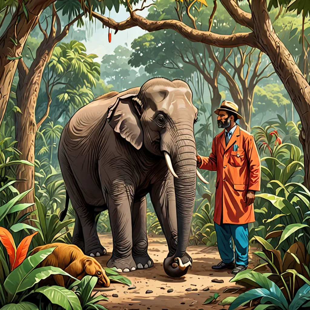 a man standing next to an elephant in a forest filled with trees and plants, with a man in an orange jacket and hat, fantastic realism, a storybook illustration, Chris LaBrooy, highly detailed digital painting