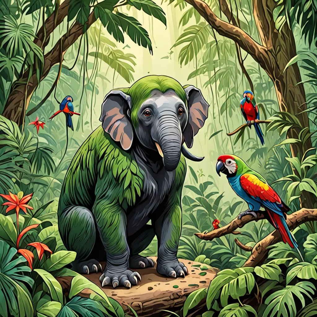 a painting of an elephant and a parrot in a jungle with tropical plants and trees and birds around it, psychedelic art, a storybook illustration, Chris LaBrooy, highly detailed digital painting