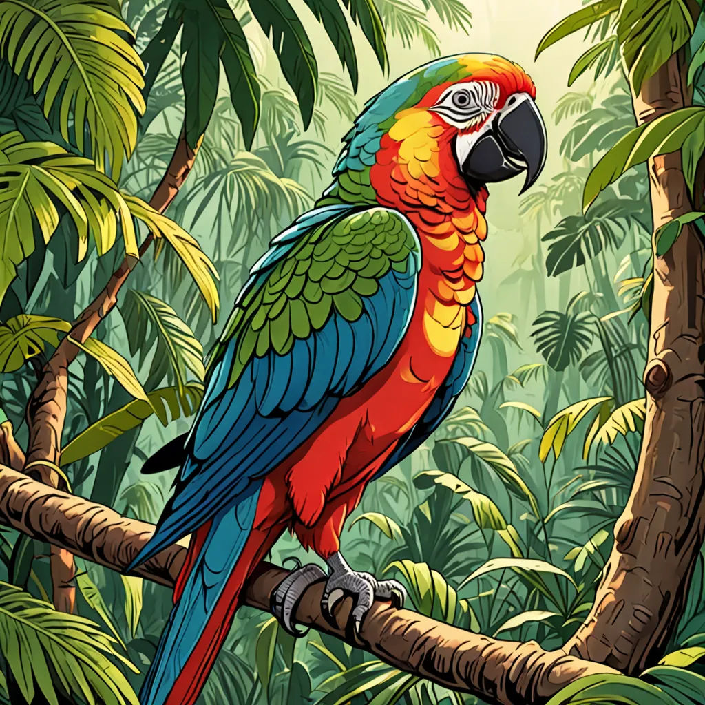 a colorful parrot sitting on a branch in a jungle setting with palm trees and foliage behind it, with a sunlit sky, fantasy art, a comic book panel, Dan Mumford, highly detailed digital painting