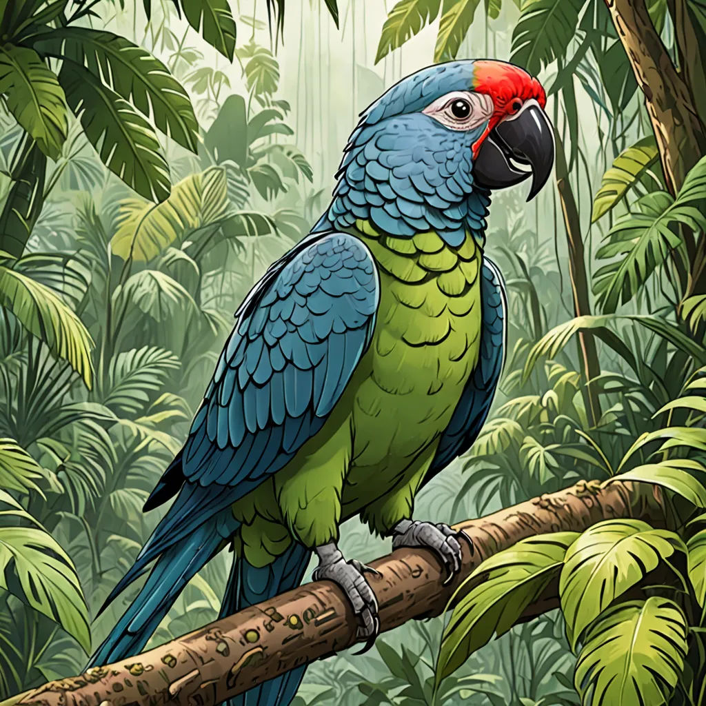 a parrot sitting on a branch in a jungle with a red head and blue body and a red beak, serial art, an illustration of, Chris LaBrooy, high detail illustration