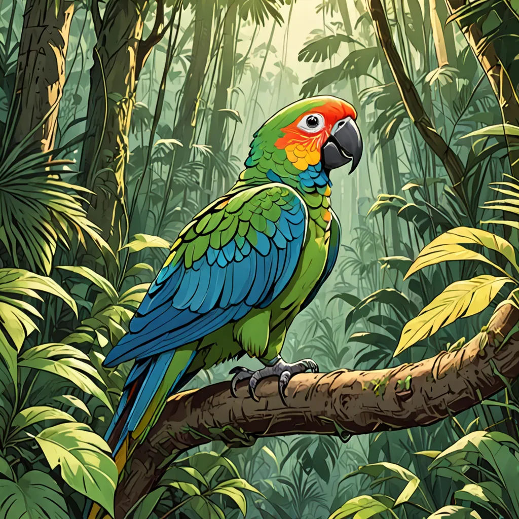 a colorful parrot sitting on a branch in a jungle setting with trees and plants around it, with sunlight streaming through the leaves, fantasy art, a comic book panel, Chris LaBrooy, josan gonzales and dan mumford