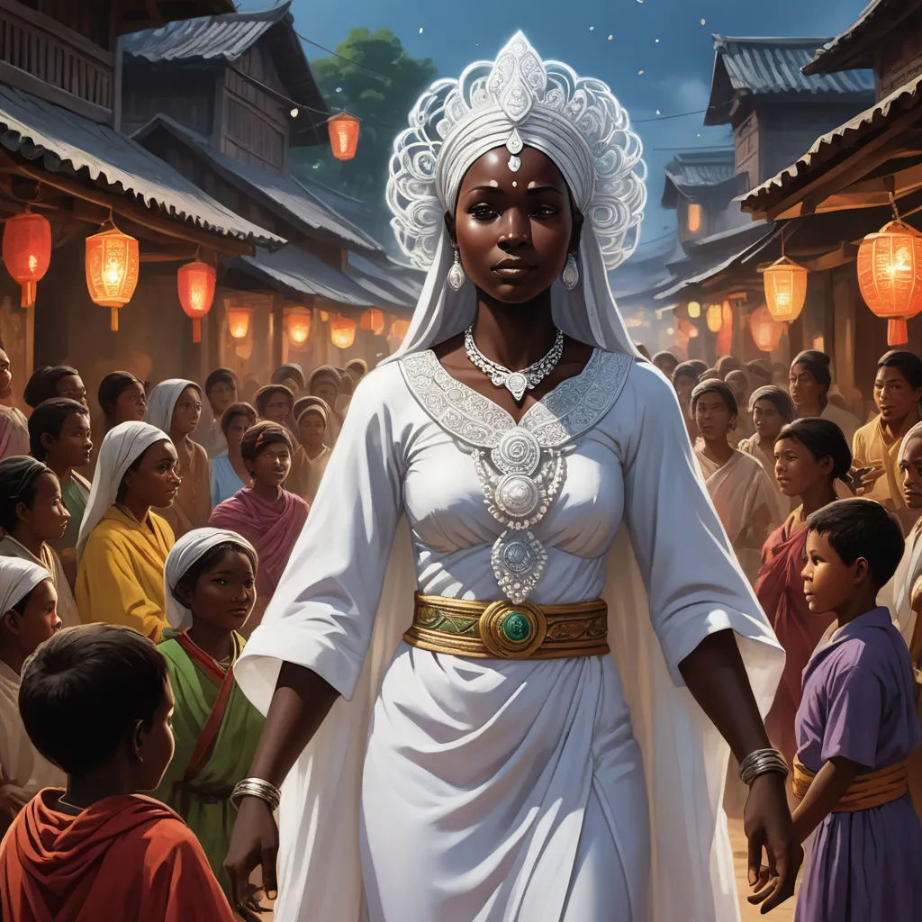 a woman in a white dress and headdress standing in front of a crowd of people in a chinese temple, afrofuturism, a detailed painting, Chinwe Chukwuogo-Roy, magic the gathering artwork