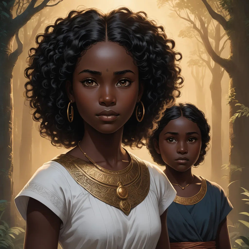 a painting of two women in a forest with trees in the background and sunlight shining through the trees behind them, fantasy art, a painting, Charlie Bowater, cushart krenz