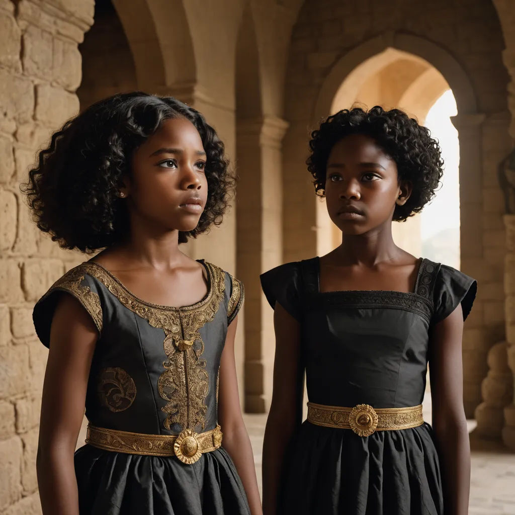 two young girls standing next to each other in a building with arches and arches on the walls, one wearing a black dress and the other a gold belt, afrofuturism, a renaissance painting, Chinwe Chukwuogo-Roy, promotional image