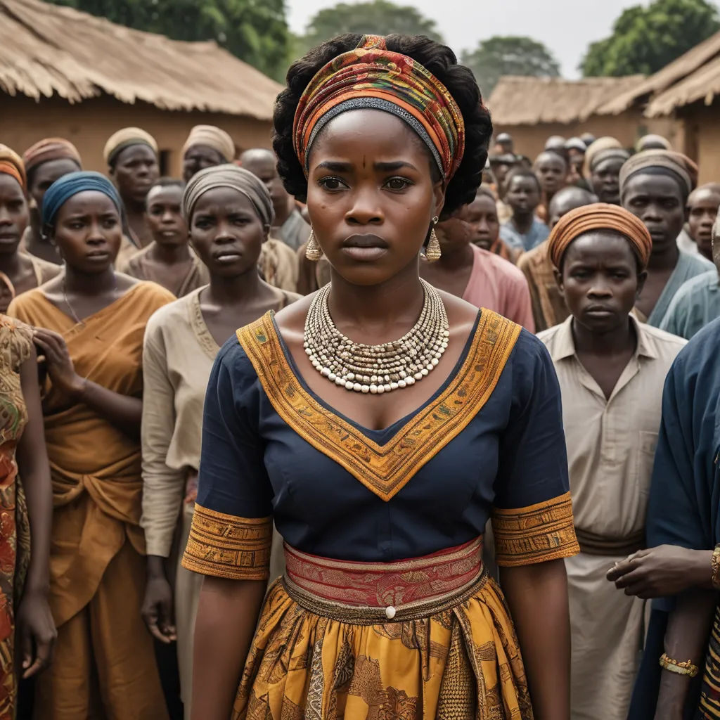 a woman in a dress standing in front of a group of people in a village with a sky background, afrofuturism, a renaissance painting, Chinwe Chukwuogo-Roy, movie still