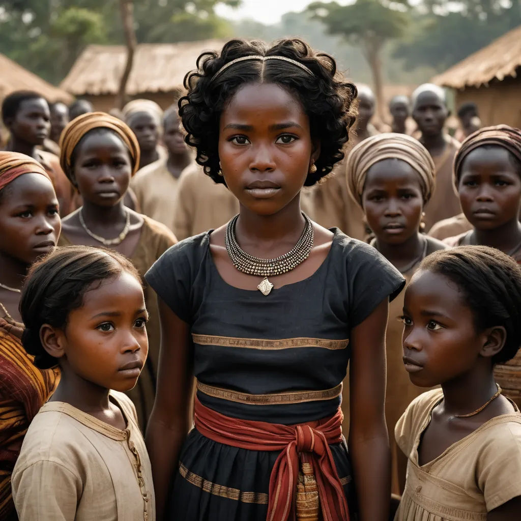 a group of women standing next to each other in front of a crowd of people in brown outfits and head wraps, primitivism, a poster, Chinwe Chukwuogo-Roy, movie still