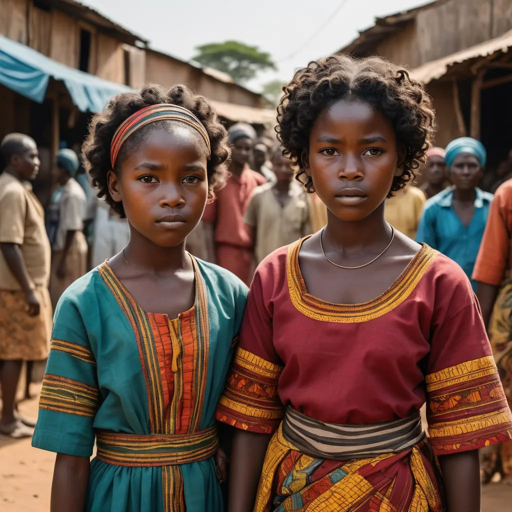 two young girls standing next to each other in front of a crowd of people in a village in africa, primitivism, a poster, Christabel Dennison, promotional image