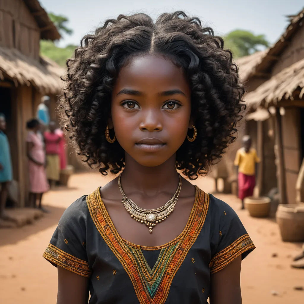 a young girl with a necklace and earrings on her neck stands in front of a village with people and a dirt road, afrofuturism, a colorized photo, Ella Guru, brown skin