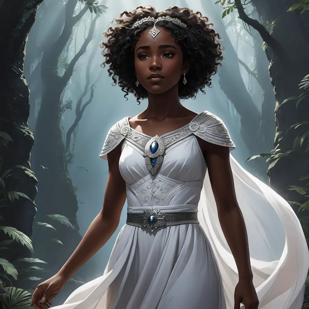 a woman in a white dress in a forest with trees and bushes behind her is a white caped dress with a blue jeweled collar and a blue stone, fantasy art, a character portrait, Charlie Bowater, epic fantasy character art