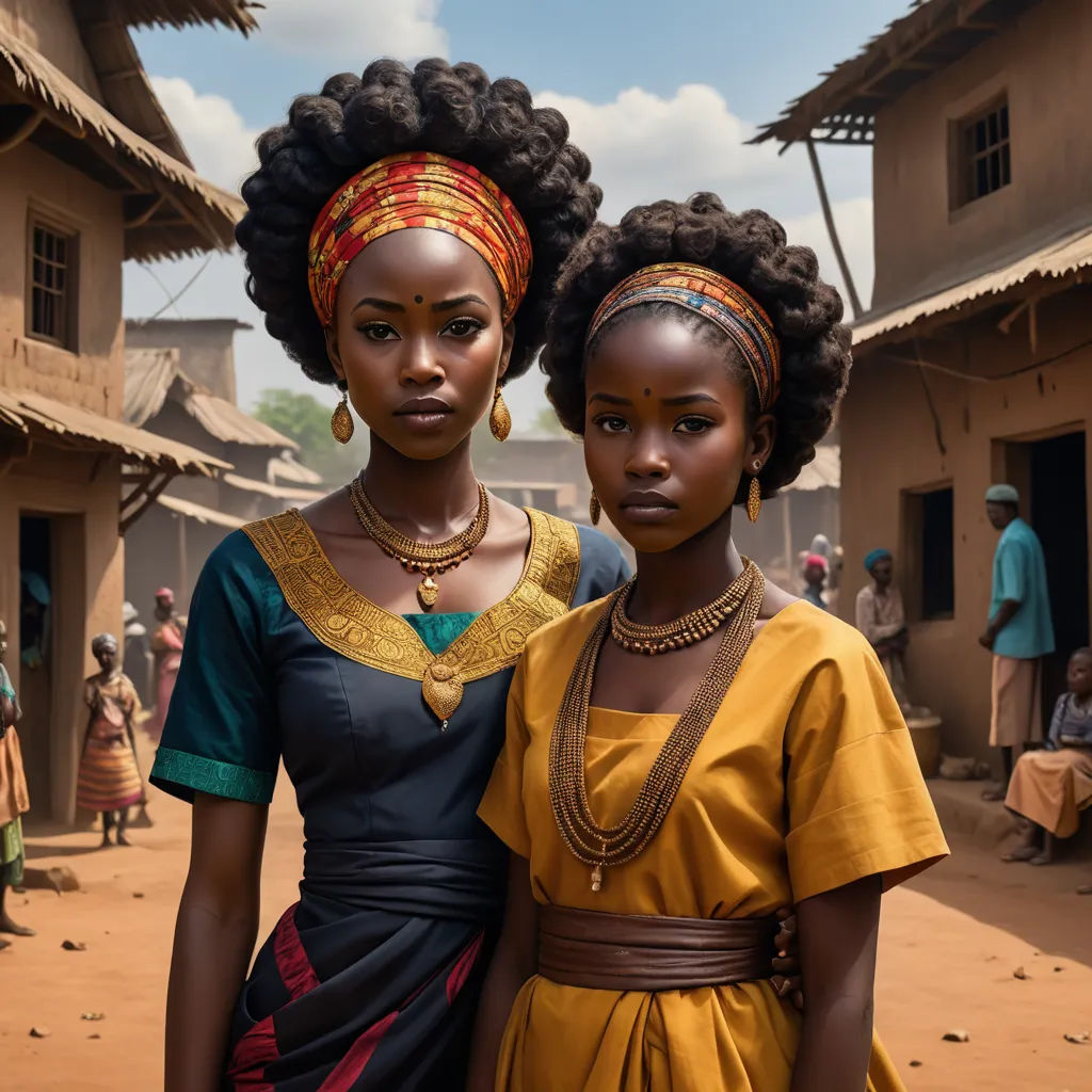 two women standing next to each other in a village with people in the background and a sky in the background, afrofuturism, a photorealistic painting, Chinwe Chukwuogo-Roy, cinematic photography