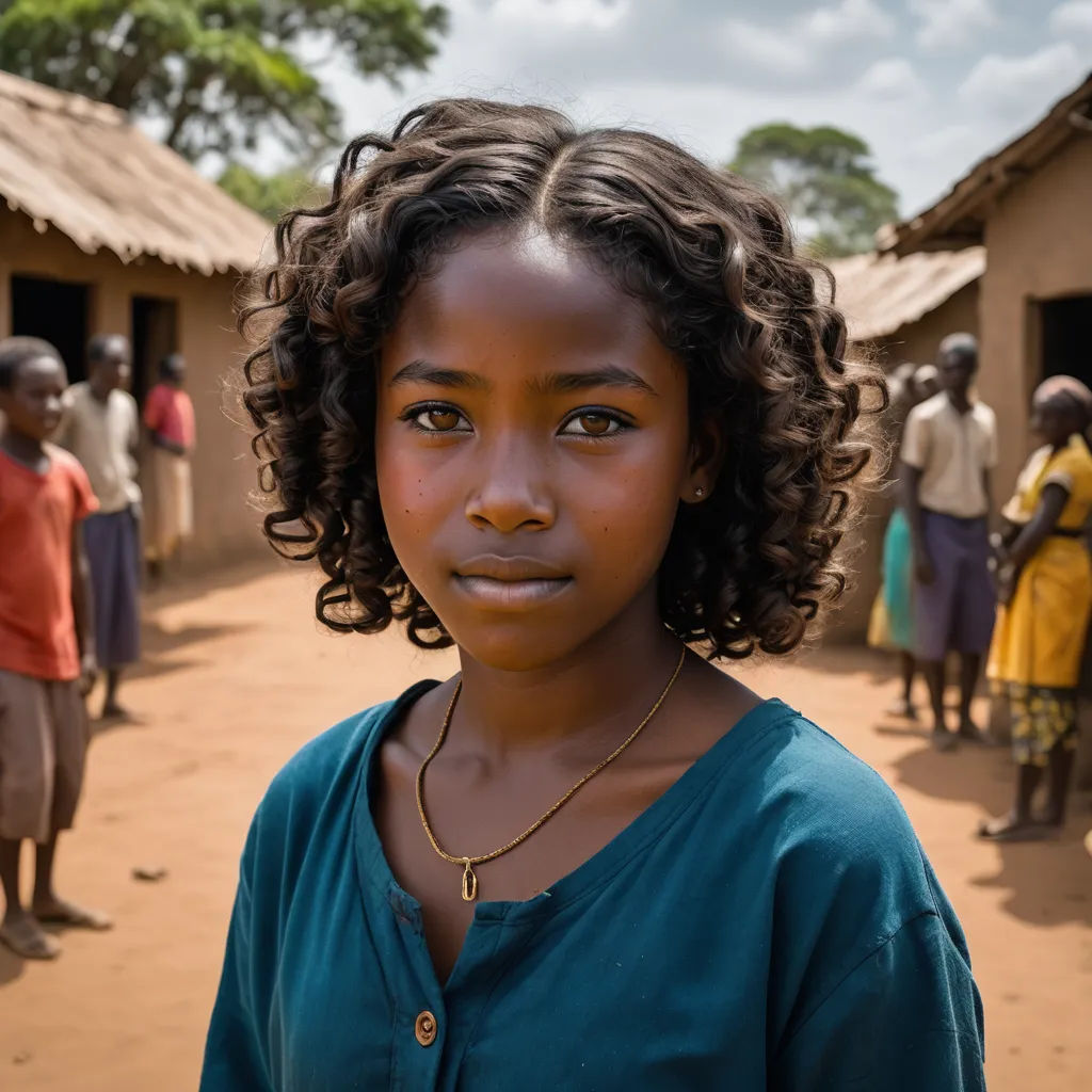 a young girl standing in front of a group of people in a village with a few huts in the background, primitivism, a character portrait, Christabel Dennison, promotional image