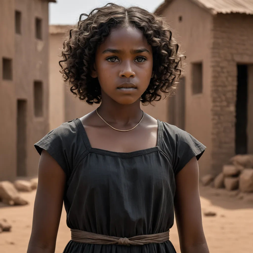 a young girl with a necklace on standing in front of a building with a dirt floor and a dirt road, afrofuturism, a poster, Chinwe Chukwuogo-Roy, promotional image