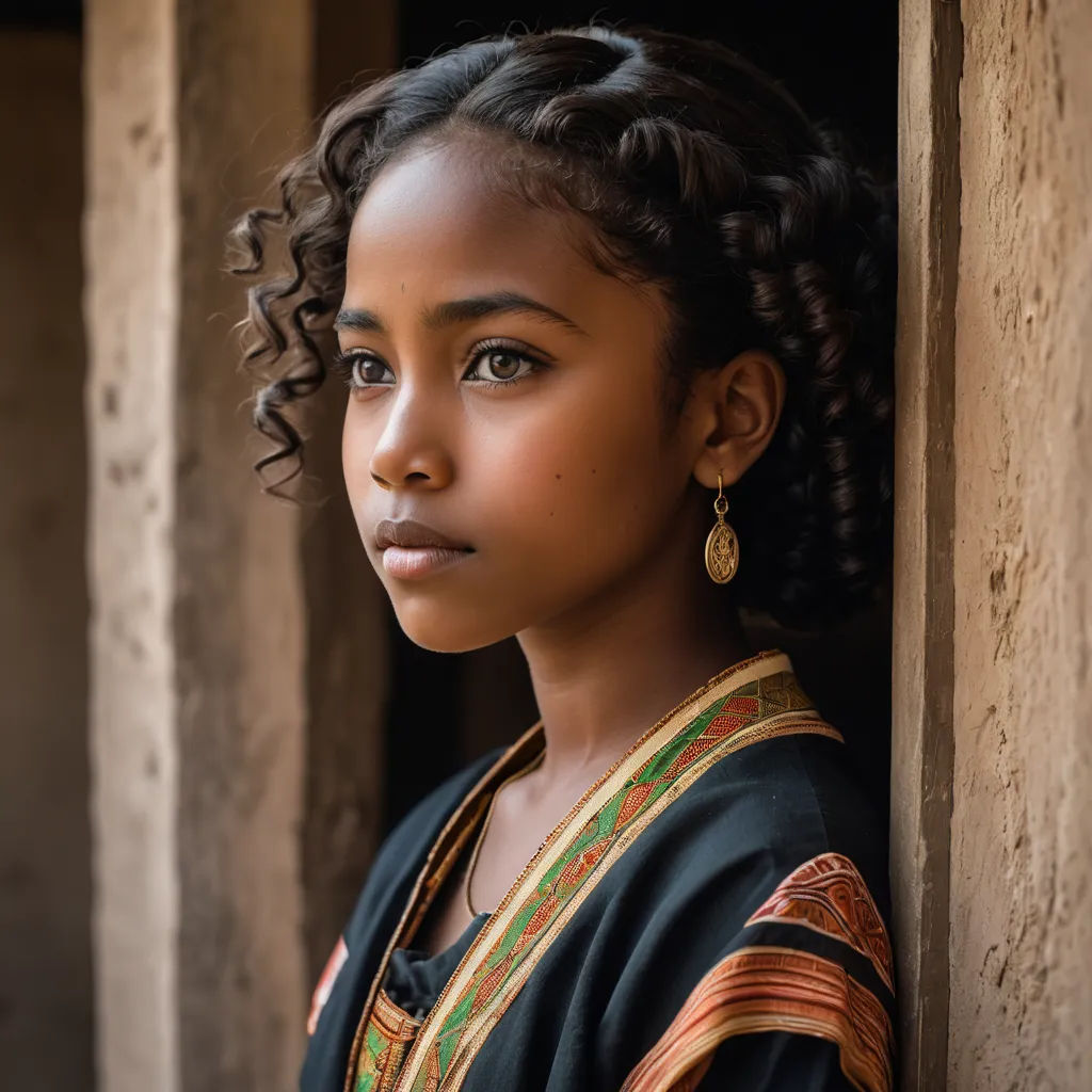 a young girl with braids and a necklace on her neck looking out a window with a brick wall, cloisonnism, a character portrait, Afewerk Tekle, leesha hannigan