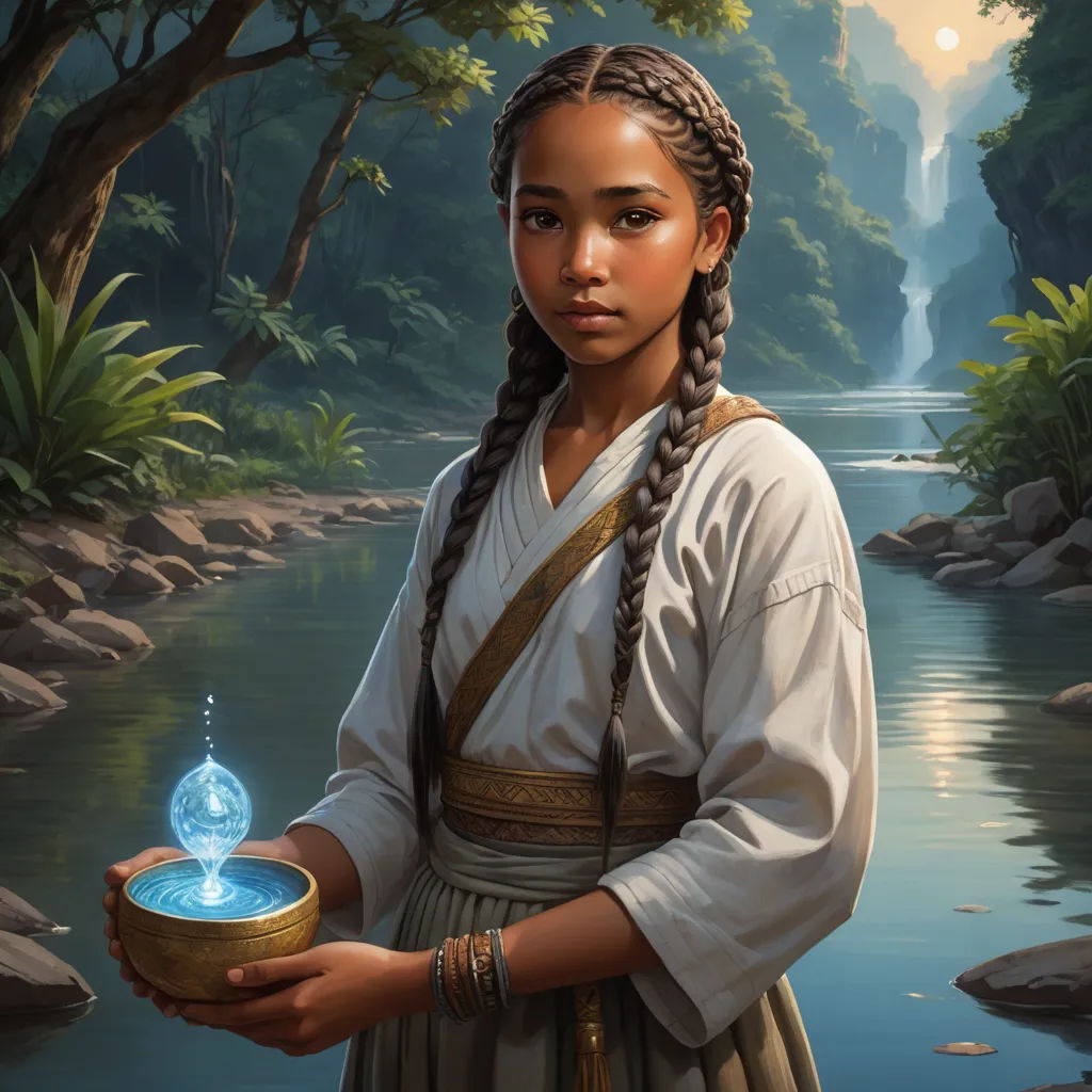 a painting of a woman holding a bowl of water in her hands and a waterfall in the background with trees and rocks, fantasy art, concept art, Clint Cearley, magic the gathering artwork