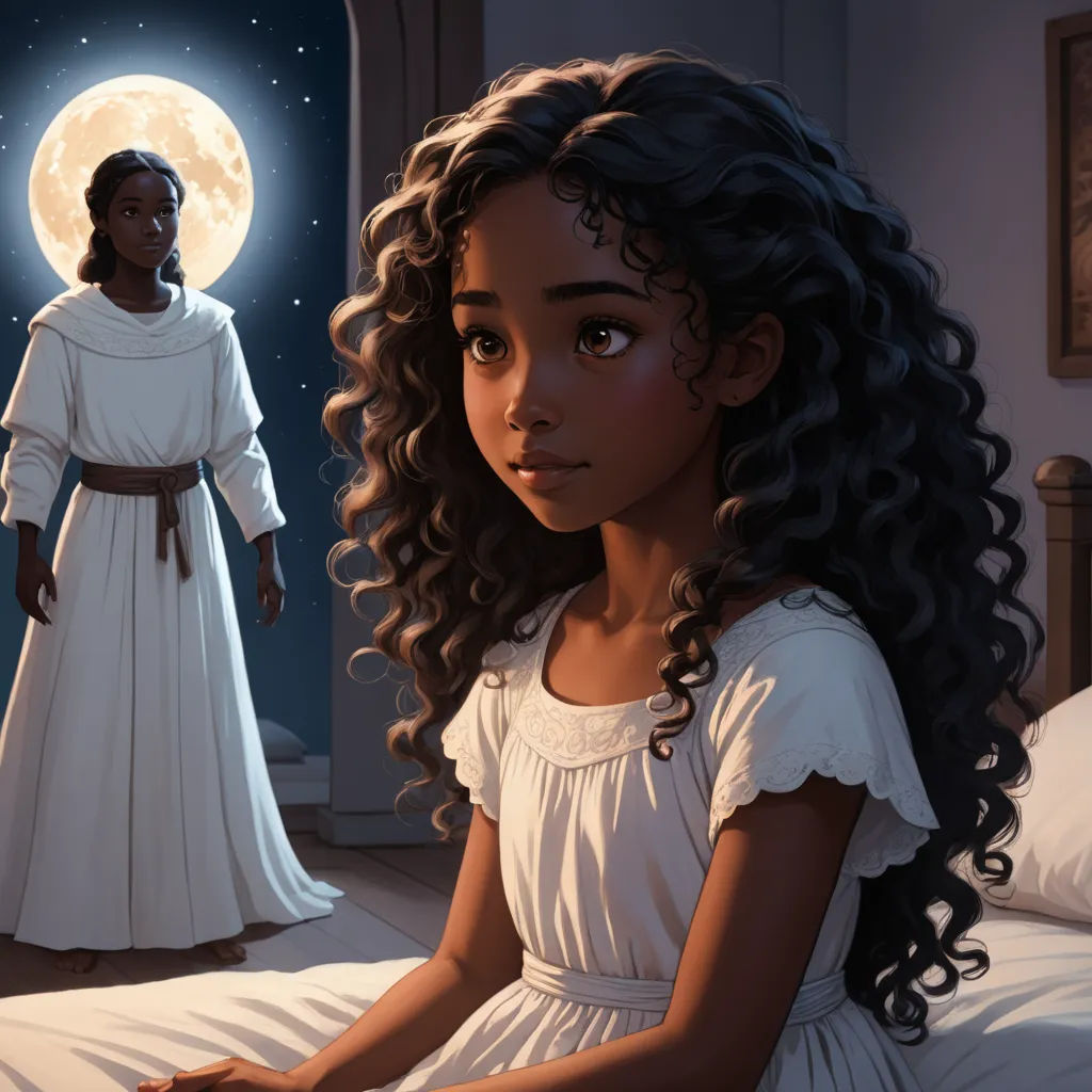 a girl in a white dress sitting on a bed next to a man in a white robe and a full moon, magical realism, a storybook illustration, Ann Thetis Blacker, storybook illustration