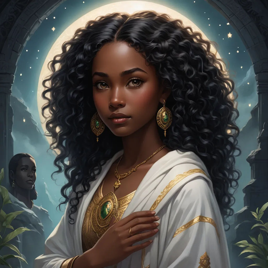 a painting of a woman with long hair and a white dress with gold jewelry on her chest and a man in the background, fantasy art, a character portrait, Charlie Bowater, trending on artstation hq