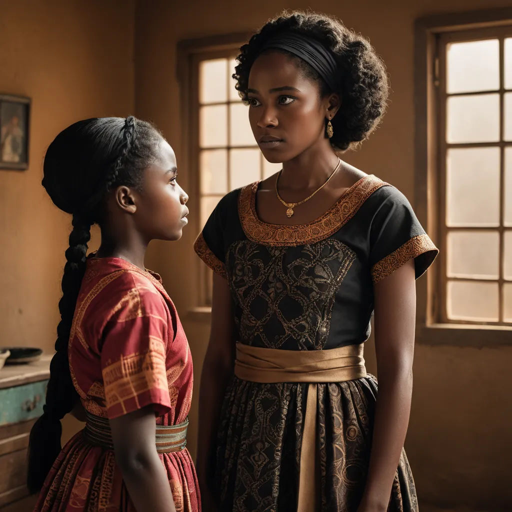 a woman standing next to a young girl in a room with windows and a table with a laptop on it, afrofuturism, a poster, Chinwe Chukwuogo-Roy, promotional image